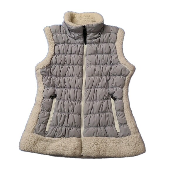Calvin Klein Performance Puffer Vest Silver Off White Sherpa Trim Women Large - Picture 1 of 7